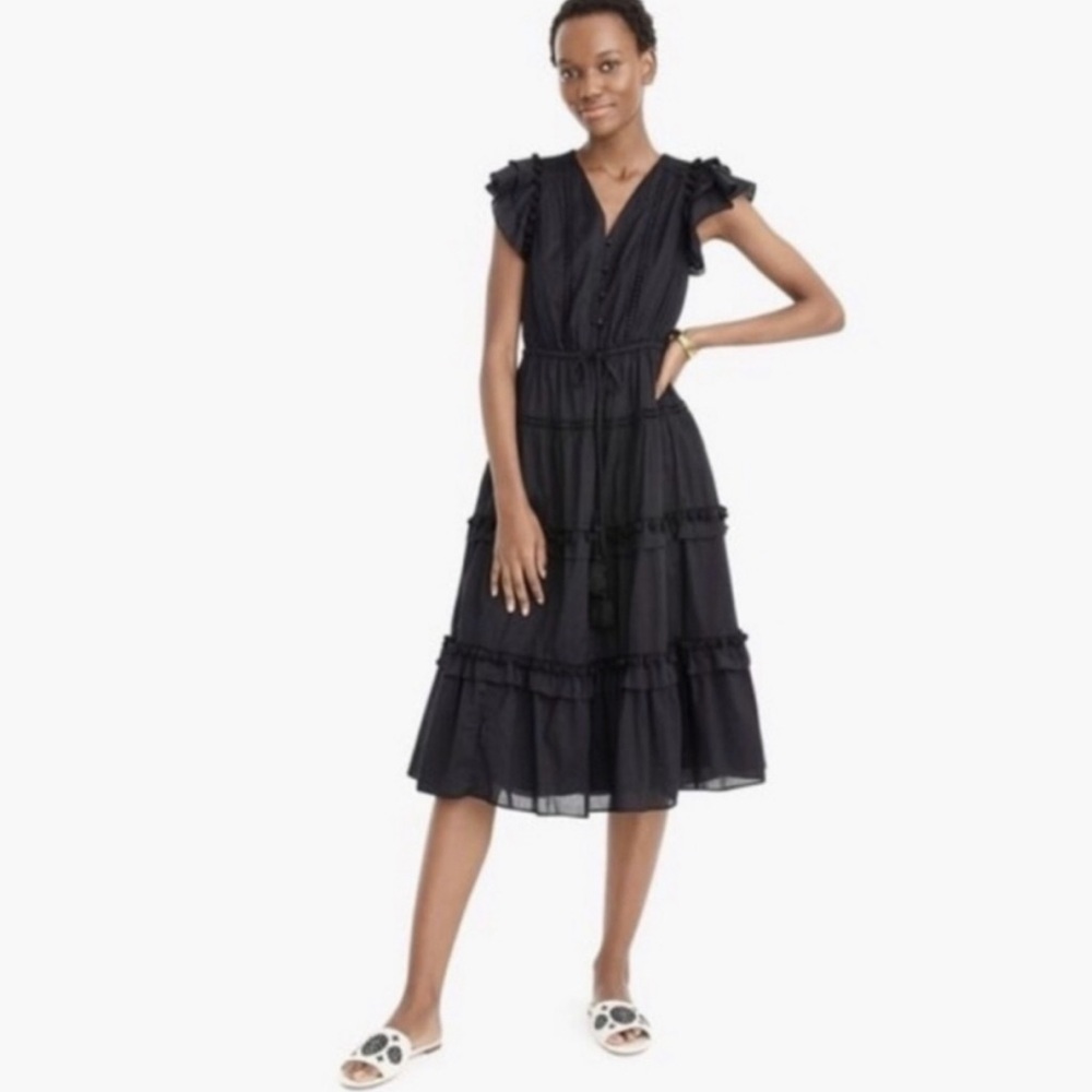 J. Crew Black Ruffled Midi Dress V-Neck Flutter Sleeves Cotton
